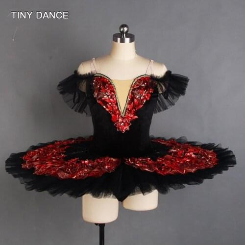 Off-shoulder Black Professional Ballet Dance Tutu with Red Sequin Applique Adult Girls Ballet Dancing Dress Pancake Tutu BLL086