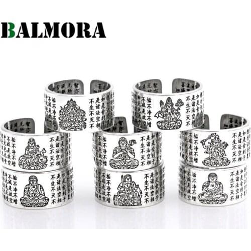 BALMORA Real 990 Pure Silver Buddhism Mantra Open Stacking Rings for Women Men Couple Retro Fashion Punk Jewelry 1 Piece Anillos