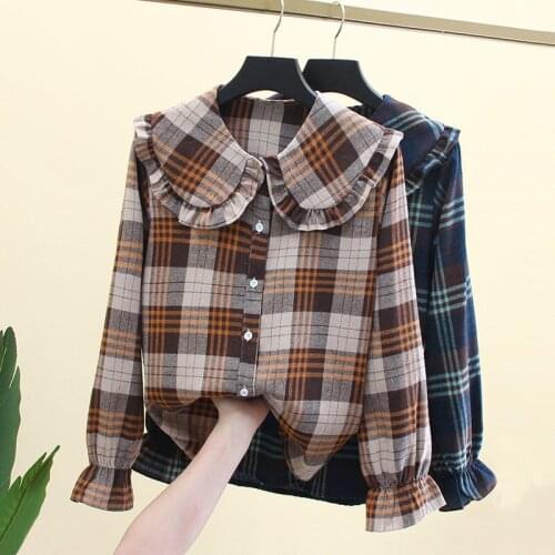 Blouse Women Shirt 2021 Spring Autumn Lattice Womens Long-Sleeved Loose Top Blusas Mujer De Moda