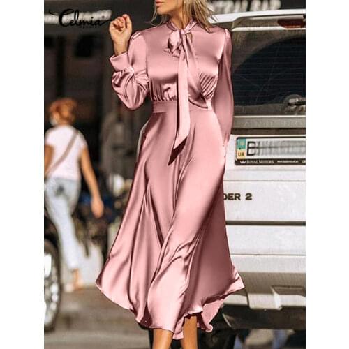 Celmia 2021 Elegant Sheath Maxi Sundress Casual Strappy Bow Tie Wrap Kleid Vestidos Women Long Sleeve Satin Silk Lady Long Dress