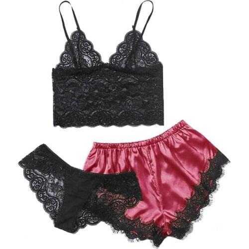 Women Sexy Nightwear Lace Floral Lingerie V-Neck Sling Vest Elastic High Waist Sleeping Pants with Briefs Underwear Pajamas Sets