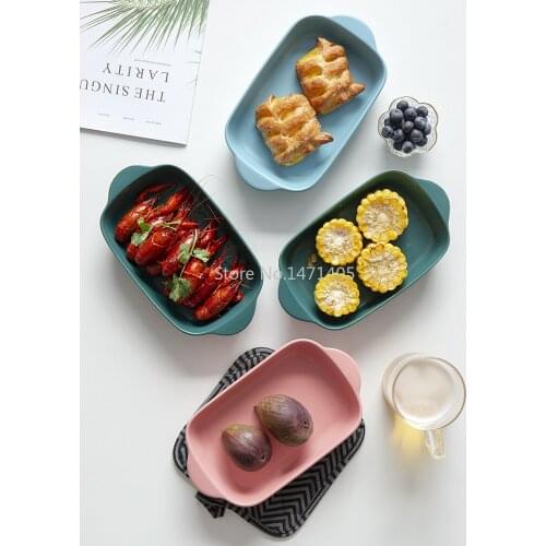 Oven Ceramic Grill Plate Household Rectangular Binaural Baked Rice Plate Microwave Baked Bowl Salad Deep Plate