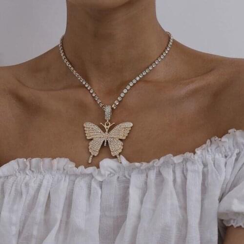 Aesthetic Full Rhinestone Large Butterfly Necklace for Women Iced Out Cuban Cubic Tennis Chain Necklace Hip Hop Party Jewelry