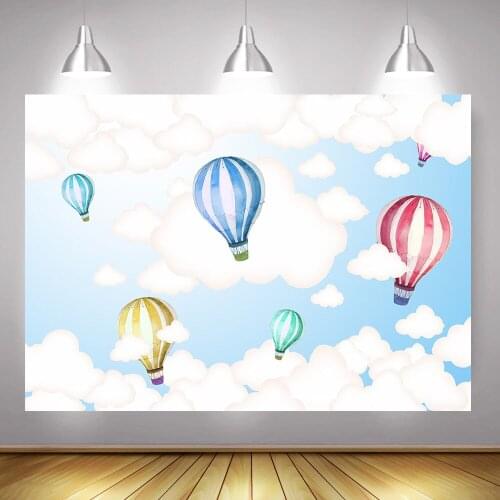 Photography White Cloud Hot Air Balloon Backdrop Newborn Baby Shower Photo Background for Photo Studio Blue Sky Photoshoot