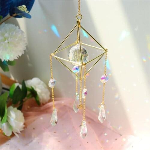 Crystal Wind Chime Pendant Sun Suncatcher Plated Metallic Hoop Colorful Beads Hanging Drop for Home Garden Window Wedding Decor