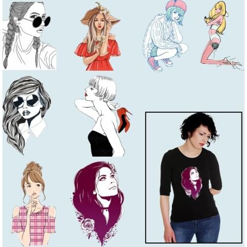 Beauty Girl Women Washable Applique on Clothes Heat-sensitive patches Thermal Stickers Heat Transfer PVC Patch