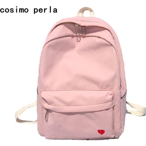 Cute Plain Nylon Backpacks for School Teenage Girls Korean Style Solid Color Embroidery Heart Pink Laptop Backpack Female Travel