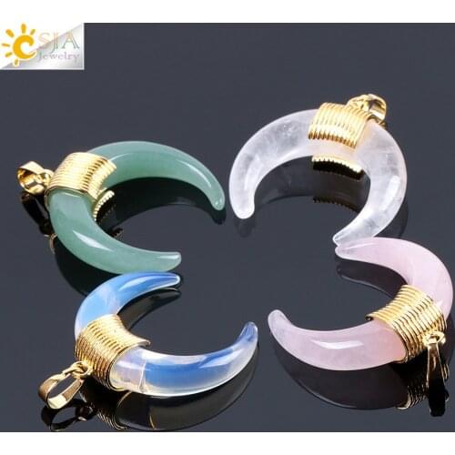 CSJA 42x34x10mm Fashion Natural Stone Crescent Half Moon Pendant Without Chain Charming Crystal Beads Wire Fit DIY Necklace F064