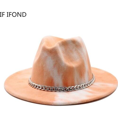 New Autumn winter Wide-Brim Double-Sided Tie-Dye Women Felt Fedoras Hat Fascinator Multicolor Panama Jazz hat