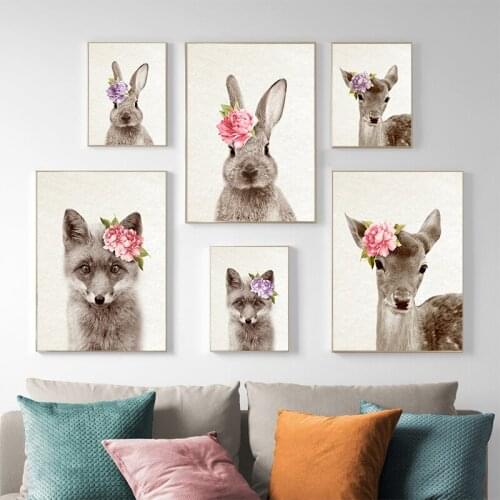 Flower Fox Elk Rabbit Picture Woodland Animal Canvas Poster Print Minimalist Painting Nordic Baby Room Living Room Decoration