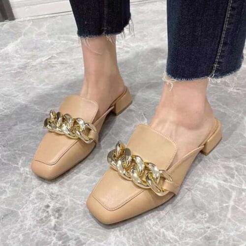 Low Chunky Heel Square Closed Toe Sandals Shoes Fashion Chain Slippers Casual Style Slides Outdoor Women