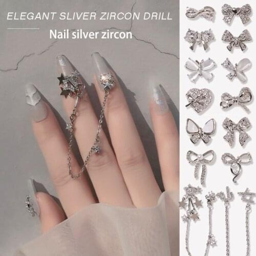 Silver Shiny Zircon 3D Nail Art Decorations Charm Diamonds Crystal Alloy Pendant Chain Jewelry Manicure Design Accessories 2pcs