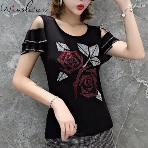 Summer European Style T-Shirt Fashion Diamonds Women Cotton Tops Short Sleeve Sexy Back Patchwork Mesh Tees New 2021 T14408A