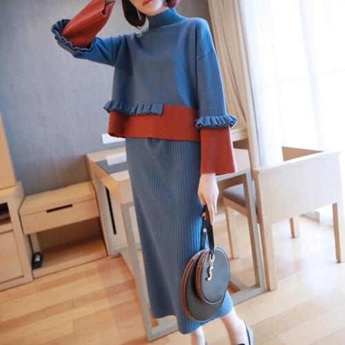 Womens ruffled sweater skirt two-piecenew womens skirt set temperament half-high collar fashion suit 2 piece outfits for women