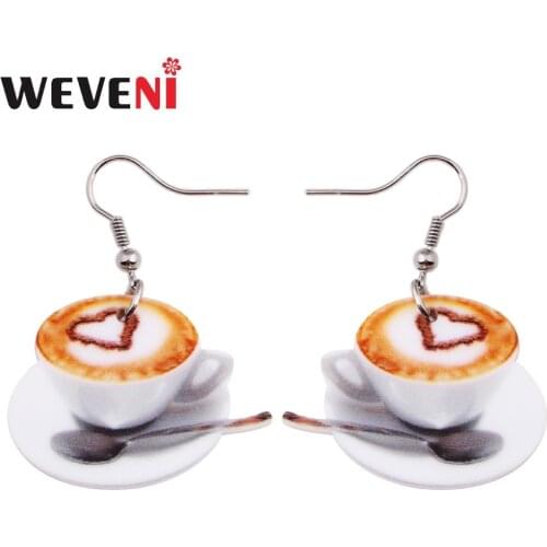 WEVENI Lightweight Flat Drop Dangle Big Heart In Coffee Cup Food Earrings For Women Fashion Accessories Acrylic Printing Jewelry