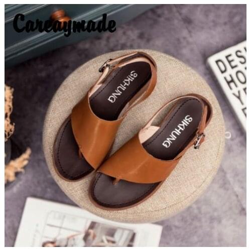 Careaymade-Popular Genuine Leather Womens Shoes,Summer Head Layer Cowhide Casual Sandals with Slope-sole Retro-style Sandals