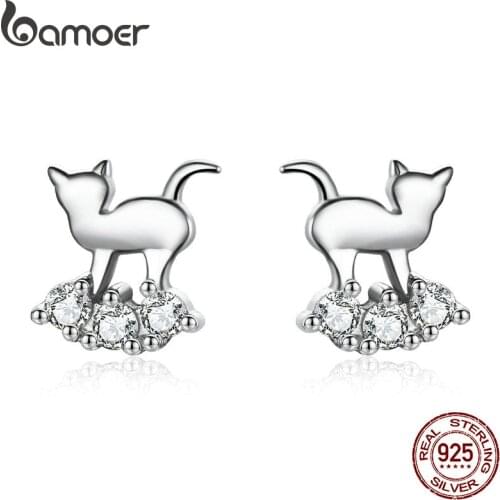 BAMOER Hot Sale 925 Sterling Silver Crystal Cat Animal Earrings Stud for Women Clear CZ Sterling Silver Jewelry SCE537