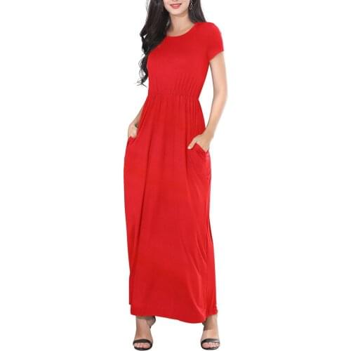Nine Color Pocket Cotton Long Dress Women Casual Solid Short Sleeve O-Neck Beach Dress Summer Party Bodycon Vestidos Mujer 2019
