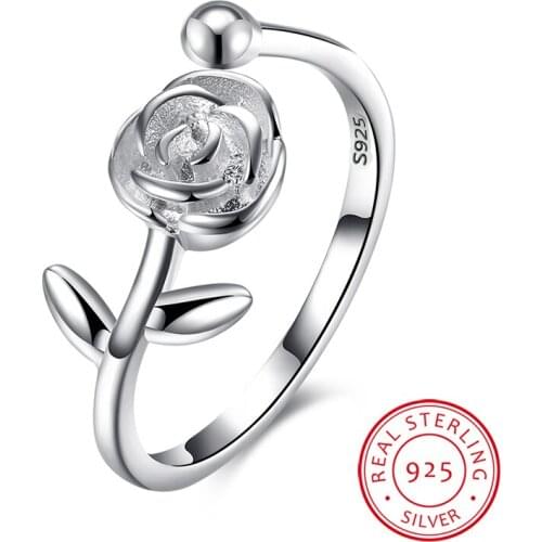 100% 925 Sterling Silver rose flower Rings for women,Womens Adjustable Ring Ladies &Girls birthday Gift Sterling silver jewelry