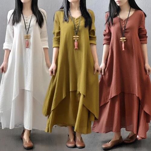 Anself Spring Fashion Women Casual Loose Dress Solid Color Long Sleeve Oversized Ladies Dresses Plus Size Boho Long Maxi Dress