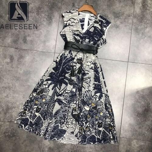 AELESEEN Vintage Summer Women Dress 2020 High Quality Sleeveless Flower Print V-neck Belt Knee-Length Elegant Party Dress
