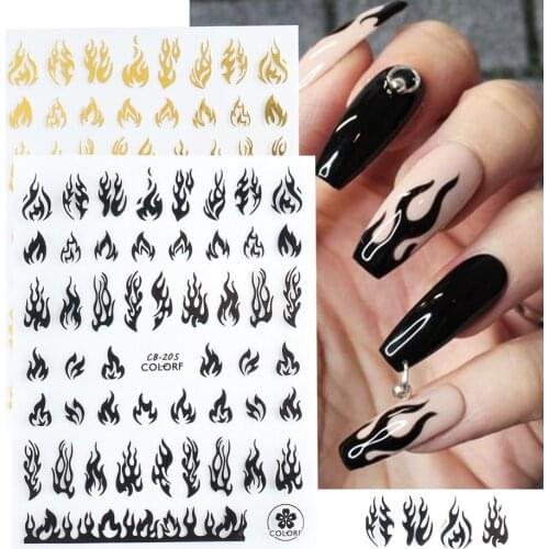 1Pcs 3D Holographic Fire Flame Nail Stickers Slider Gold Black New Year Manicure Decals DIY Nail Art Decorations Decor Tool