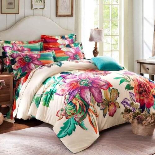 100% Cotton Sanding Printed Flower Bedding Set Wedding Bed Sheet set Duvet Cover Pillowcase Queen King 4pcs colorful white red