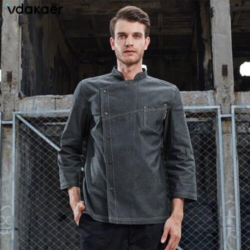2020 Wholesale Denim Fabric Chef Jacket Bakery chef clothes chef coat unisex restaurant uniform long sleeves restaurant uniform