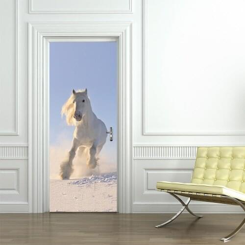 3D White Horse Door Wall Sticker Wallpaper Self-adhesive Imitation Kids Room Living Room Mural Poster New Home Decoration