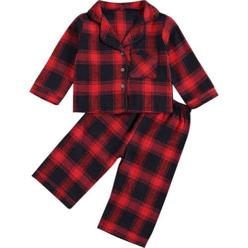 FOCUSNORM 1-7Y Autumn Winter Baby Girls Boys Pajama Sets Plaid Print Long Sleeve Single Breasted Pocket Tops Pants Trousers
