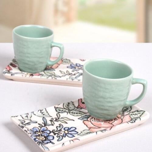 Keramika 2-Person Espresso and Turkish Coffee Cup Set Plate and Cup 4 Pieces Ceramic Turkish Manufacturing