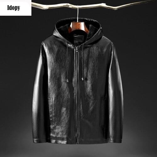 Idopy Autumn New Long Sleeve Men`s Faux Leather Jacket Zipper Up Blazer Fleece Lined Casual Jacket Coat Plus Size L-5XL