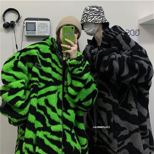 2021 New Winter Streetwear Zebra Pattern Lamb Woolen Thicken Warm Zipper Hooded Padded Coats Women Men Harajuku Loose Outwear