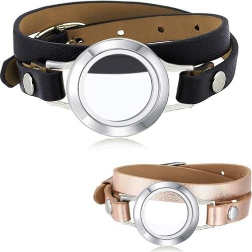 URSJEWELRY 316L Stainless Steel 25mm Magnetic locket living memory Locket floating lockets with Genuine Leather Bracelet