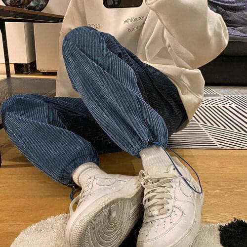 Man Tie Leg Straight Pants Woman Corduroy Solid Color Oversize Trousers Man Warm Korean Streetwear Pants
