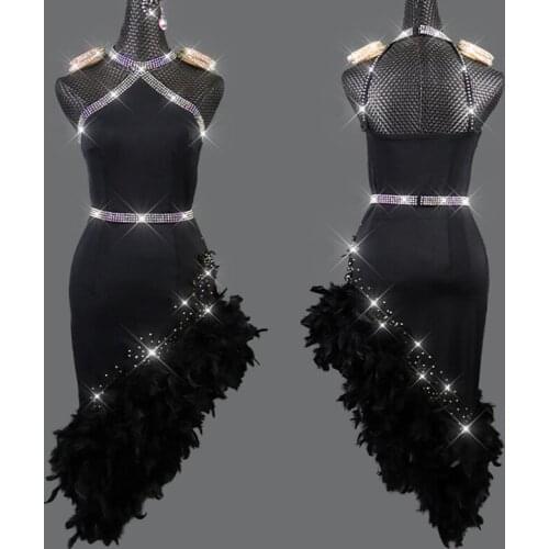 New Black Latin Dance Competition Dress Feather Sexy Women Latin Dance Wear Prom Samba Cha Cha Dance Costume Stage Dress BL6252