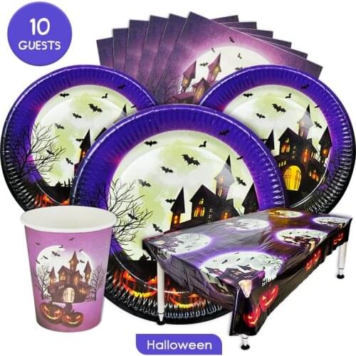 10Guests Purple Halloween Disposable Tableware Horror Old Castle Ghost Party Bat Spider DIY Happy Halloween Party Decor For Home