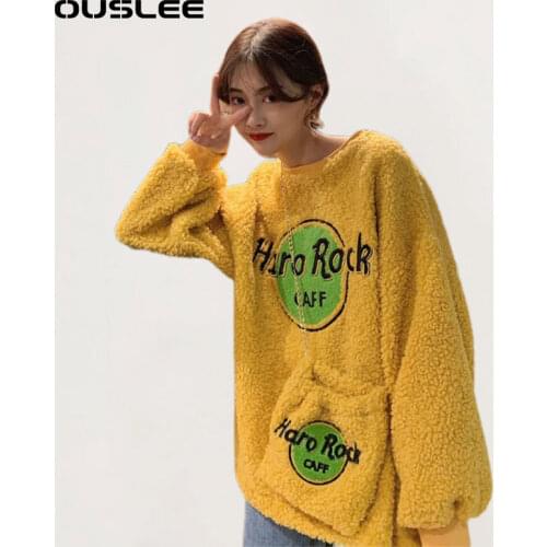 OUSLEE Autumn Women Fleece Fur Sweatshirts Winter Casual Fake Lambswool Oversized Sweatshirt Loose O-Neck Kawaii Sweatshirts