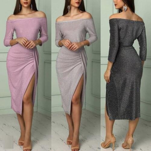 QR Spring Summer Dress Women 2019 Elegant Sexy Split Off Shoulder Party Dresses Female Casual Slim Pleated Dress Solid vestidos