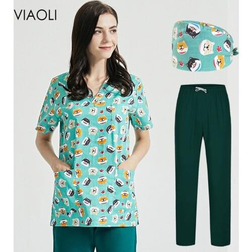 Beauty salon work clothing High quality pet grooming Uniforms Animal printing working Scrubs Tops Cartoon Pet beauty Uniform top