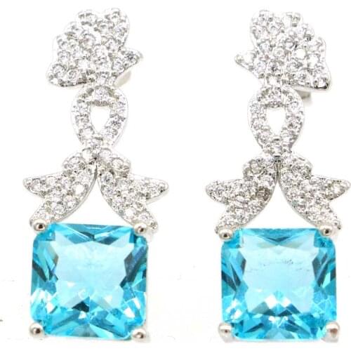58x16mm Fancy Long Silver Earrings Created Blue Aquamarine White CZ For Womans Daily Wear Silver Earrings