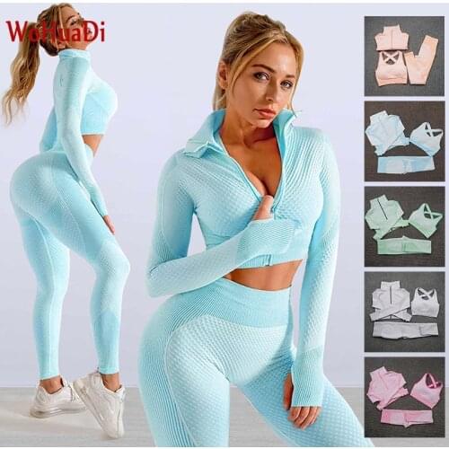 WOHUADI Womens Clothing Sportswear Yoga Sets Female Sport Gym Wear Suit Running Fitness Shirt/Sports Bra/High Waist Leggings