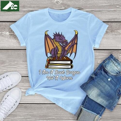 Funny dragon T Shirt Women Clothing i am a book gragon not a worm Vintage Womens Shirts Harajuku girls tee blouses soft Men tops