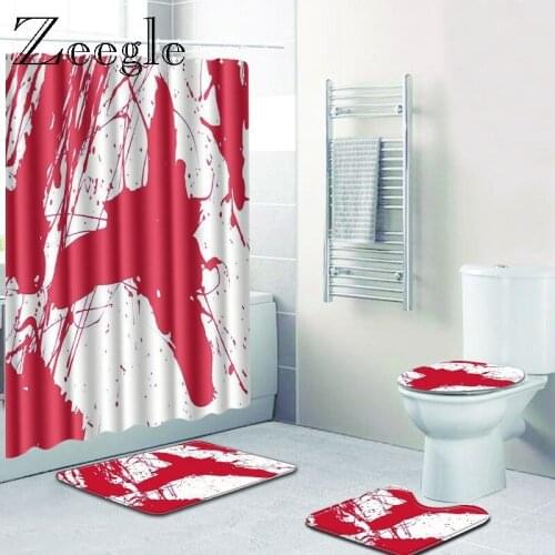 Zeegle Halloween Bloody Microfiber Bath Mat with Shower Curtain 4PCS Rug Anti Slip Toilet Floor Mat Water Absorbing Bath Carpet
