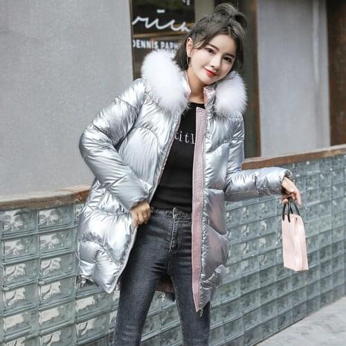 Womens Long Parkas Solid Hooded with Fur Plus Size Fluffy Ladies Shinny Casual Winter Jacket Zipper Puffer Coat for Female