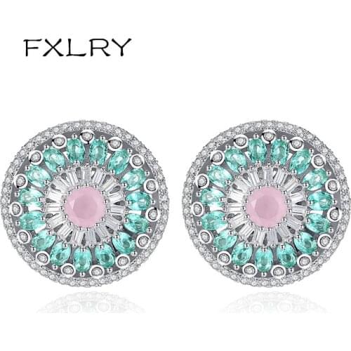 FXLRY New Design Romantic Fashion Women Multi Color Cubic Zircon Round Stud Earring For Women Fashion Party Jewelry