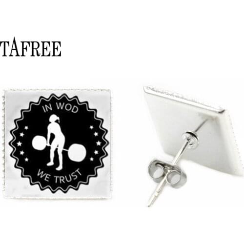TAFREE Fashion Sport Fitness square stud earrings Earrings IN WOD WE TRUST Sports fans stud earrings Jewelry FQ527