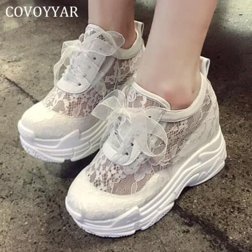 COVOYYAR Lace Womens Shoes Breathable Mesh Floral Chunky Women Sneakers Platform White Shoes Casual Flats Tennis Shoes WSN459