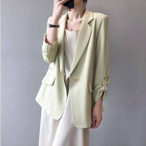 Casual Three Quarter Sleeve Blazer Coats 2021 Summer White Office Ladies Suit Jackets Solid Korean Single Button Loose Outwear