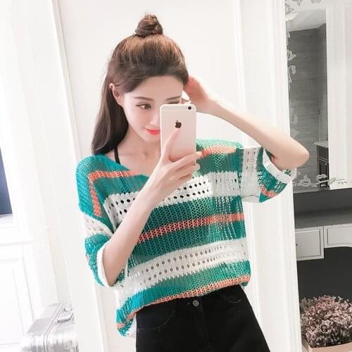 Women thin Summer Pullover Tops Crochet O-neck Short Sleeve Striped Hollow Out Thin Pull Jumpers Female Fashion Pullovers